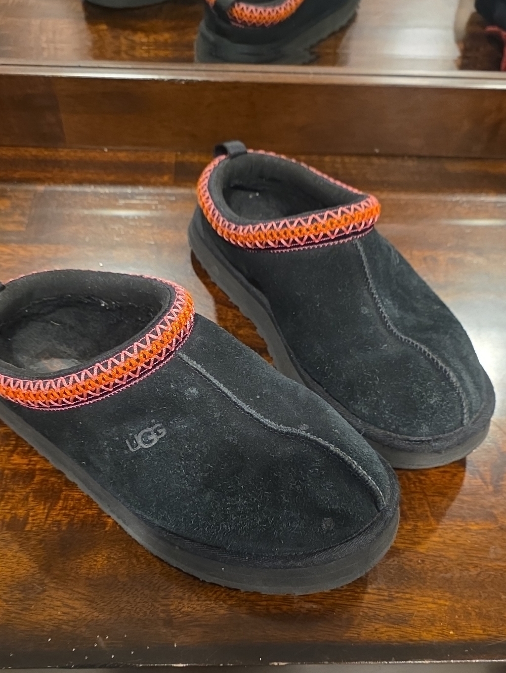 UGG Kids Black Suede Slip-On Clog with Orange Trim